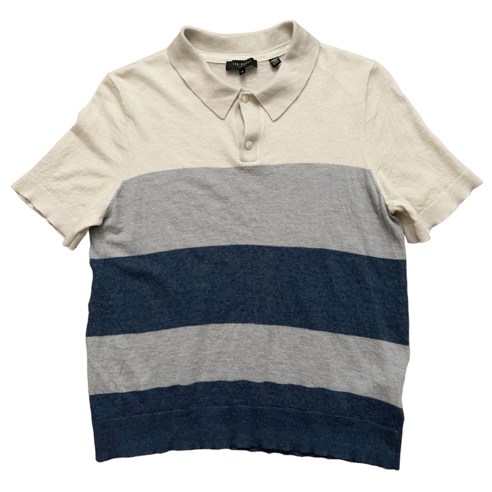 Ted Baker Polo Shirt Mens Size 6 (4) Short Sleeve 100% Wool Beige Striped